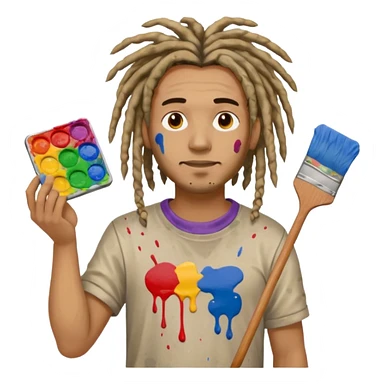 man artist with dreadlock, holding painter sticker