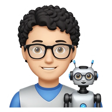 a boy robotics teacher, with black curly short hair, wearing glasses sticker
