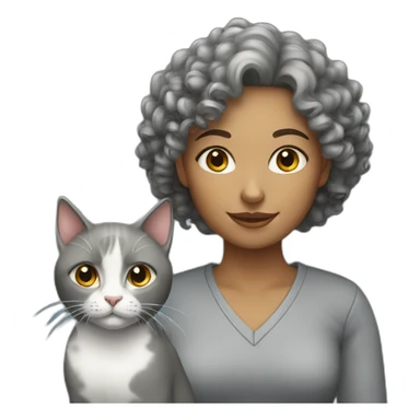 female with curly hair and a grey cat sticker