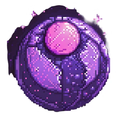a purple planet glowing pink with tiny stars around it, pixel art style sticker
