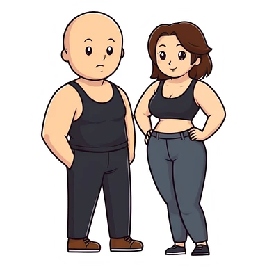  One Caucasia woman with brown hair and big boobs,  a black tank top and pants with her hand in the pants of a bald man sticker