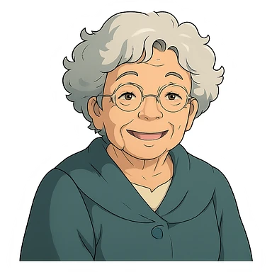 ghibli style older lady with silver curly hair smiling sticker