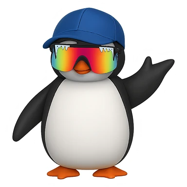 Add Pit Viper style sunglasses to the waving penguin with a baseball cap. Remove the background. Maintain the original style and look of the penguin. sticker
