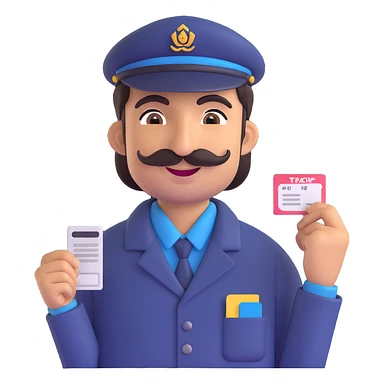 Pakistani bus conductor standing with ticket pouch, smiling, wearing shalwar kameez, mustache, energetic, South Asian features, plain background sticker