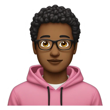 A young man wearing glasses, a pink hoodie, and black hai  sticker