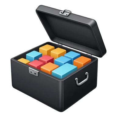 Minimalistic flat vector icon, iOS style, thin black contour on white background. Open box with neatly arranged objects inside. No text, no shadows.
 sticker