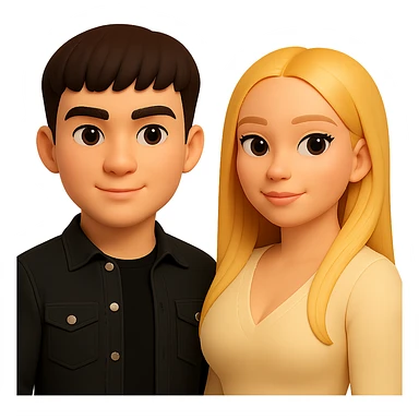 Slightly increase the volume of the upper body of the girl, separate the girl and the boy from each other, make the skin color the same for both characters. Maintain the cartoonish 3D style and keep the background transparent. sticker