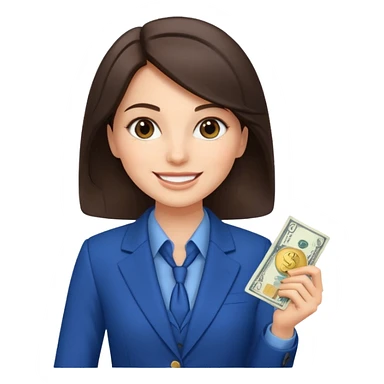 brunet Woman wearing blue suit holding dolar sticker