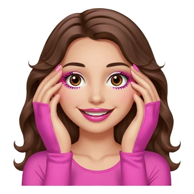 girl with long wavy brown hair, brown eyes, long lashes, sexy pink lips, light to medium complexion, wearing a pink sexy top, smiling, hands covering over the eyes sticker
