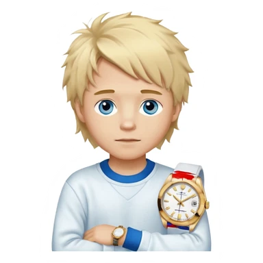 Create a look for a blond boy with long, tousled hair, light eyes, a white sweater, a wealthy appearance, blue eyes, and accessories like a Rolex or Cartier watch, and a cute face with messy hair down. blue eyes + + pajama white fluffy + cap fluffy sticker