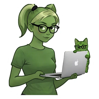 Blonde girl ponytail green eyes with macBook and a cat sticker