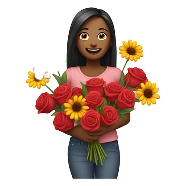 An emoji in love holding a bouquet of flowers sticker