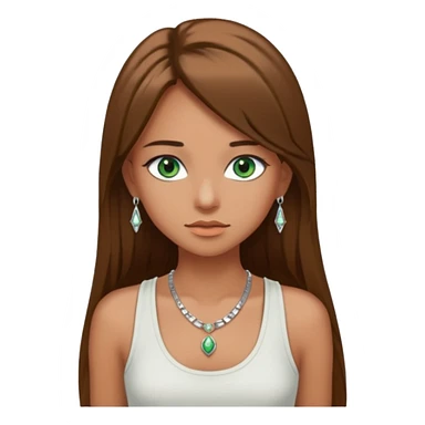 A girl with long brown straight hair, green eyes, and a white tank top; she doesn't have bangs. she wear a lot of silver jewerly tan skin sticker