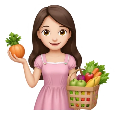 pretty smiling long brunette hair girl hazel eyes wearing light pink dress holding groceries sticker