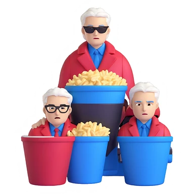 Dante and Vergil from Devil May Cry sitting together in a KFC family bucket, Dante in red coat, Vergil in blue coat, both with white hair sticker