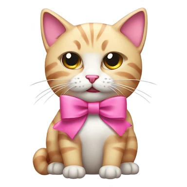 Cat with a cut pink bow and she is rageoll with a bit of a squished face sticker