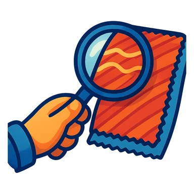 a hand using a magnifying glass to examine textile, soft cartoonish style sticker