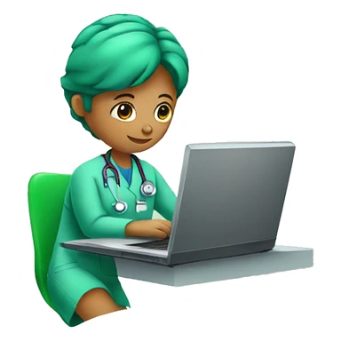 a doctor in green scrubs and no stethoscope sitting in front of a laptop sticker