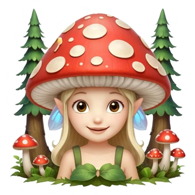 mushroom fairy portrait, head and shoulders only, wearing a large mushroom cap hat, tiny glowing wings visible behind shoulders, cute magical smile, forest fantasy vibe, 3D cartoon, mobile game icon style, clean background, no text, no watermark sticker