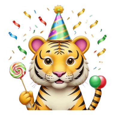 Party Tiger with a party hat and a party popper sticker
