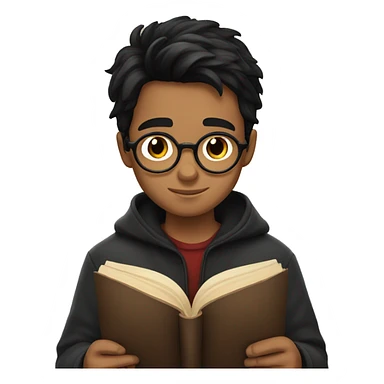 Boy with dark hair reading Harry potter sticker