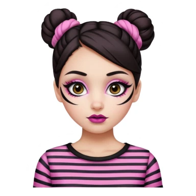 generate a pretty fair bratz girl with dark brown eyes. Dark brown hair straight hair with pink highlights tied into buns. Big eyeliner. black lipstick. Black and white striped top.  sticker