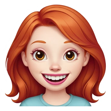 Young girl with pale skin, full pink lips smiling with big teeth, ginger red hair (very long), bigger nose, extra large brown eyes (very big eyes), big mouth sticker