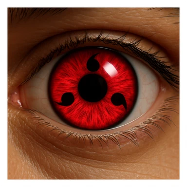 sharingan eye, realistic, intense red, glossy effect, sharp black tomoe, close-up view sticker
