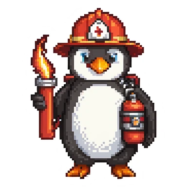 penguin firefighter with helmet and fire hose sticker