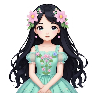Kawaii anime lady with long black hair wearing a gorgeous pastel fairycore dress with flower details sticker