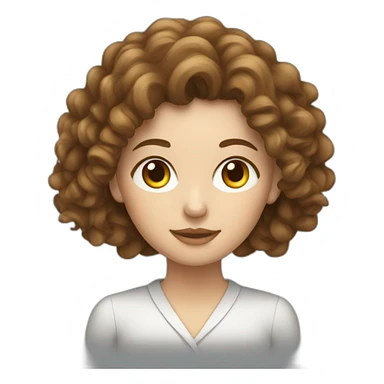 White woman with long curly brown hair working on a laptop sticker