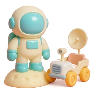 Add a detailed moon rover next to the vinyl figure style astronaut standing on the moon, keep the lunar surface details and original style sticker