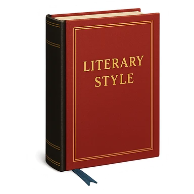 Book with red cover, gold lettering, black spine, blue bookmark, elegant literary style sticker