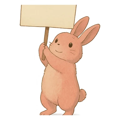 full-body rosy bunny holding a signboard high above its head, soft Ghibli style sticker