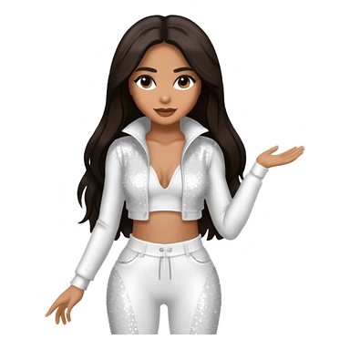 Ciara with long dark brown hair, white sequin outfit sticker