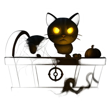 Make the cat in the coffin look spooky with eerie lighting, add cobwebs and ghostly effects in 3D emoji style, no background. sticker