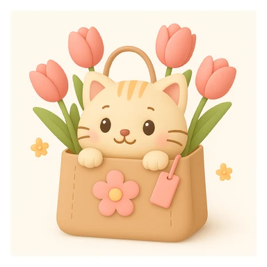 3D style with iOS style elements, cat in a bag with flowers, add a flower to the bag sticker