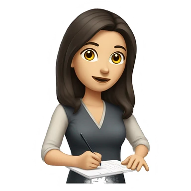 caucasian woman with long dark brown hair and dark brown eyes writing notes sticker