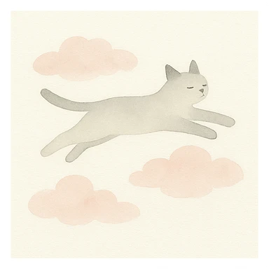 a cat soaring through fluffy pink clouds, soft watercolor style sticker