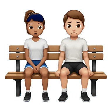 girl with brown ponytail and ugly face  with boy  with brown hair black short and a white shirt sitting sobbing by himself on a bench with a lake in the back  sticker