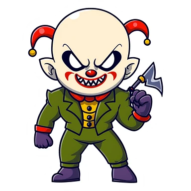 evil clown warrior, bald, very short black devil-like horns on forehead, fangs, pointed ears, black and military green leisure suit, realistically proportioned, bulky and muscular human body, full body visible, battle-ready fighting posture sticker