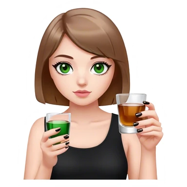 dark green eyes light brown hair white girl with short bob no bangs with a shot glass wearing black light pink nails sticker