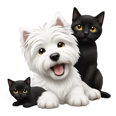 White West highland terrier playing with a black cat sticker
