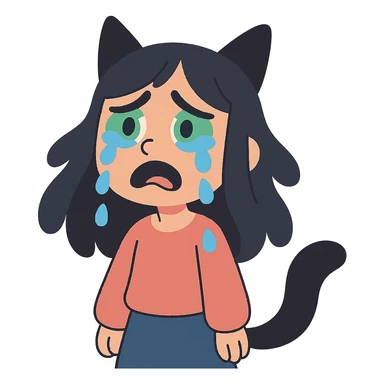 A girl with tears, black fox ears, and a tail, green eyes, dark hair sticker