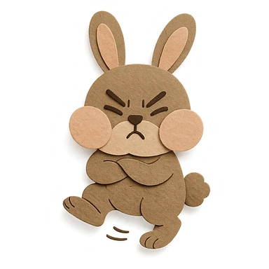 highly detailed, high quality paper craft style illustration of a mocha-colored bunny puffing its cheeks and stamping its foot, intricate textures, soft lighting, delicate cut-paper details sticker