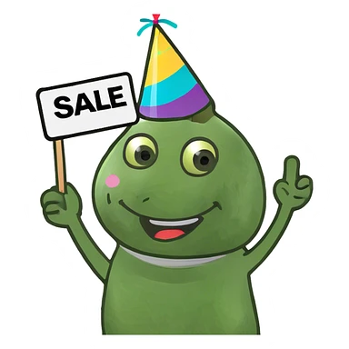 happy emoji with a pile of sale sticker