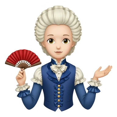 An emoji portrait of a French aristocrat. He wears a powdered wig and a silk waistcoat with a ruffled jabot. His expression is poised and refined, and he holds a fan. sticker