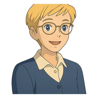 ghibli style blonde teacher with pixie haircut, gold glasses, blue eyes, big eyelashes, nice smile sticker