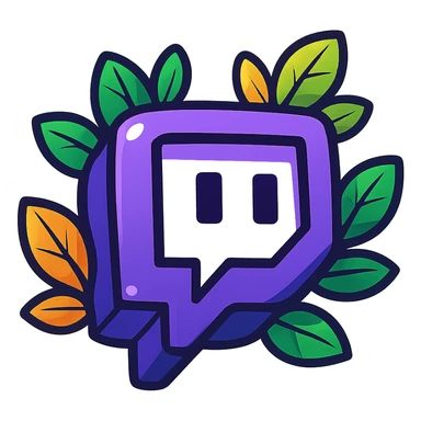 plump, vibrant, cartoon-style Twitch logo, bold outline, expressive shadows, glossy highlights, decorated with bright leaves around the logo, no background sticker