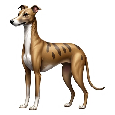 cinematic-[brindle greyhound]-realistic-full-body-sitting-emoji,-tail-resting-loosely-beside-its-paws,-head-tilted-dramatically, -sleek-[brindle]-fur,-simplified-yet-realistic-focused-features,-highly-detailed,-glowing-with-an-almost-sarcastic-glow sticker